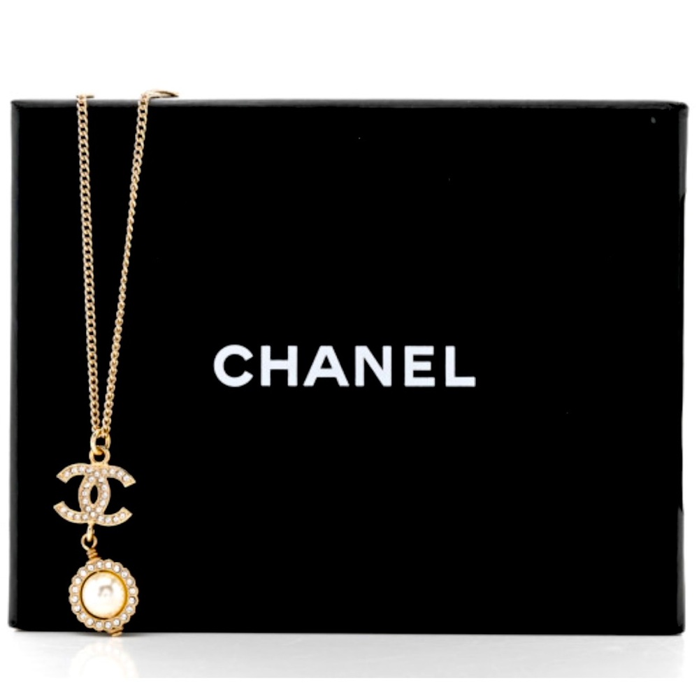 Chanel Pearl Crystal CC Pendant Necklace Gold